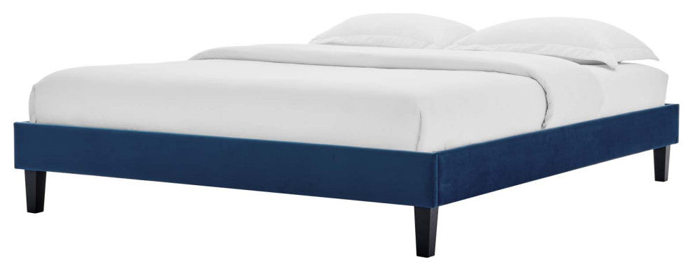 Platform Bed Frame, Queen Size, Velvet, Blue Navy, Modern Contemporary, Bedroom