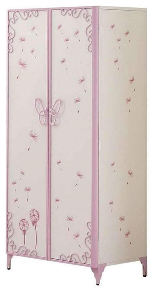 Armoire with Butterfly Design, White and Light Purple
