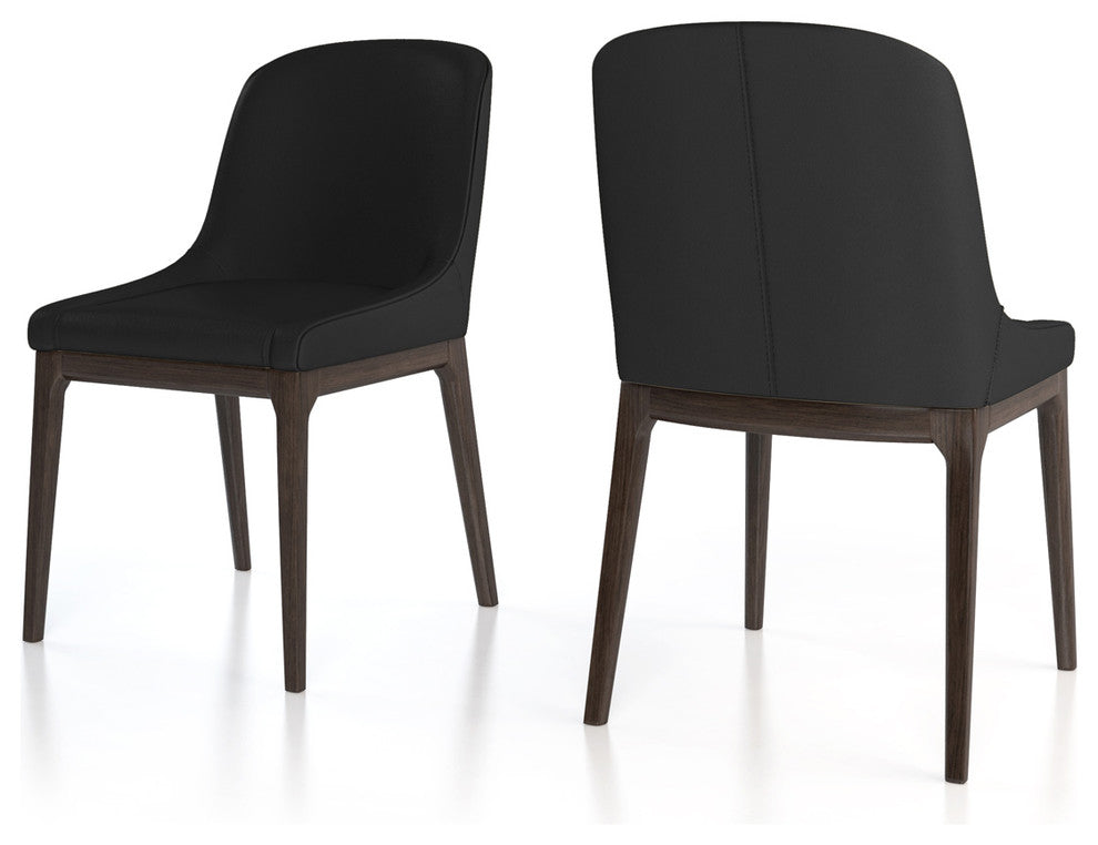 Modern Leather Dining Chairs, Walnut, Set of 4, Black