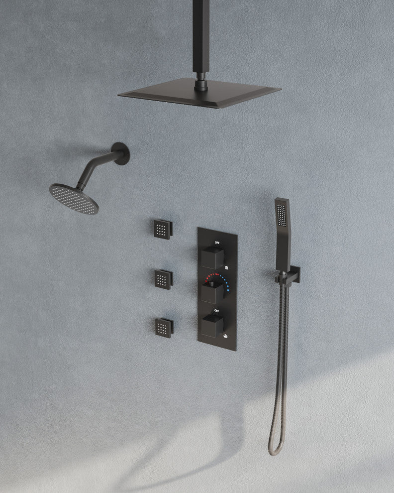 Thermostatic Dual Heads 12" Rainfall Shower System With 3 Body Jets, Matte Black