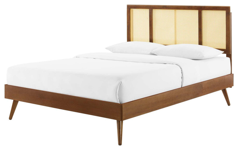 Platform Bed Frame, Full Size, Wood, Brown Walnut, Modern Mid-Century, Bedroom