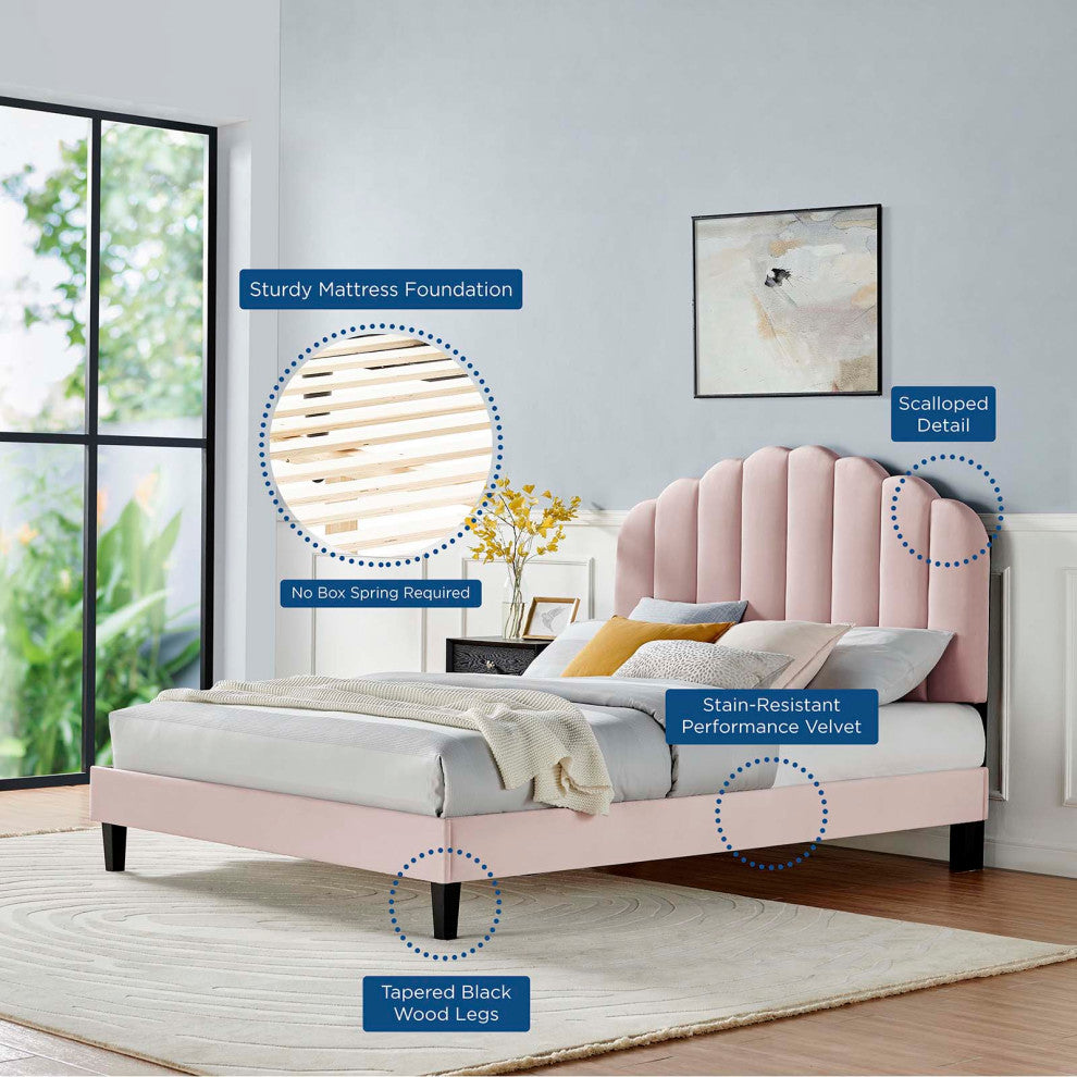 Platform Bed Frame, Full Size, Pink, Velvet, Modern, Bedroom Master Guest Suite