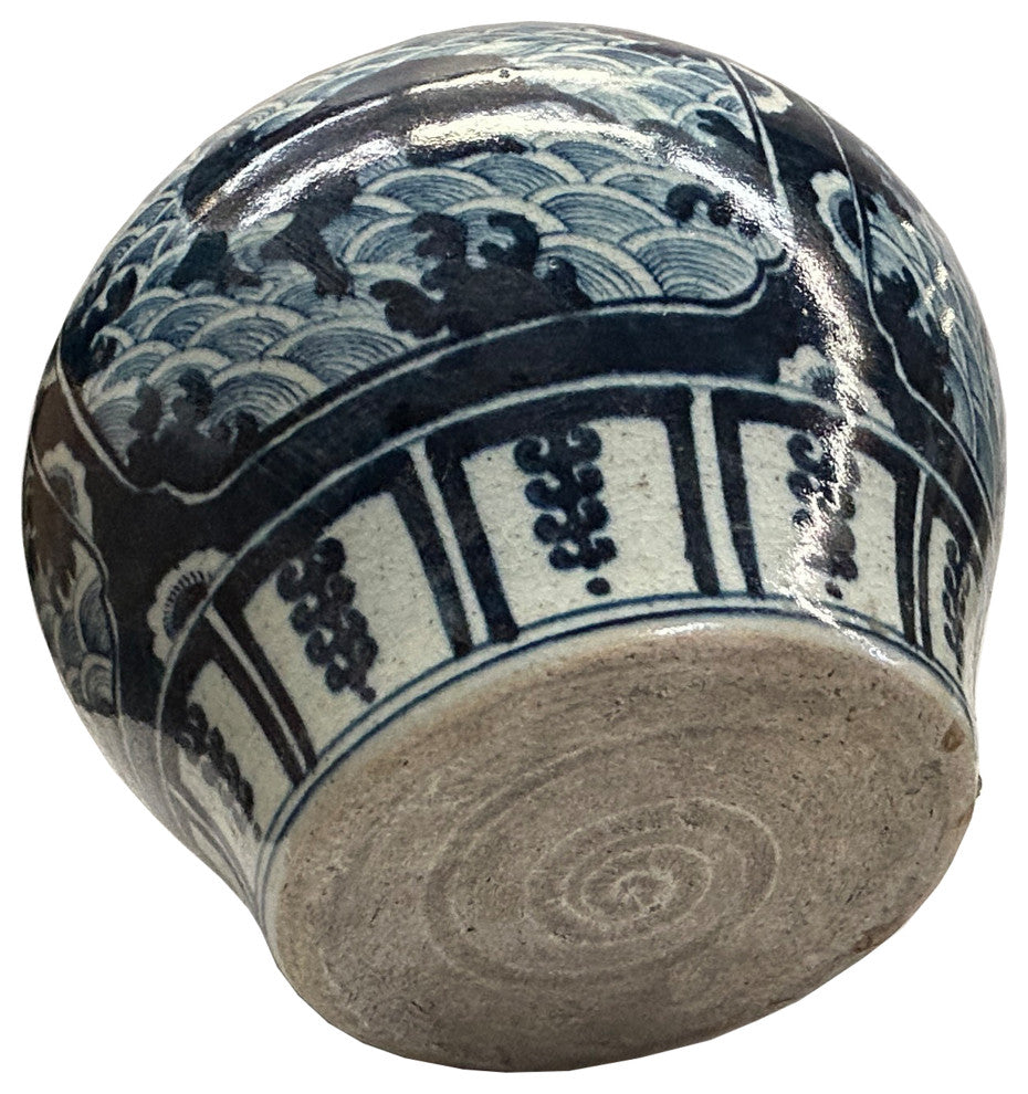Vintage Blue White Mythical Graphic Fat Body Porcelain Vase Jar