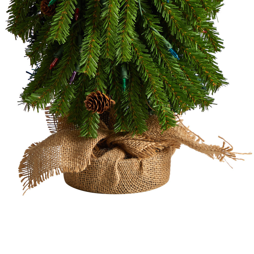 3' Faux Xmas Tree With Pinecones and 50 Multicolored Lights Set, a Burlap Base