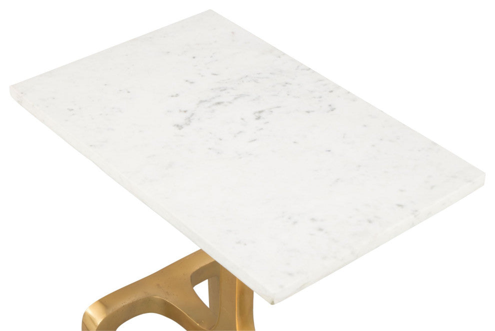 Sofa Side Table, Rectangular, Artificial Marble, Aluminum Metal, White, Gold