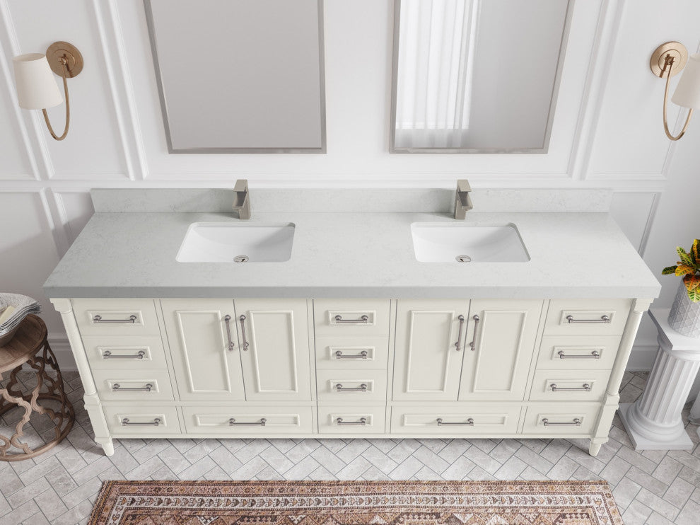 Aberdeen 84" Double Sink Bath Vanity, Alabaster 2" Carrara Quartz