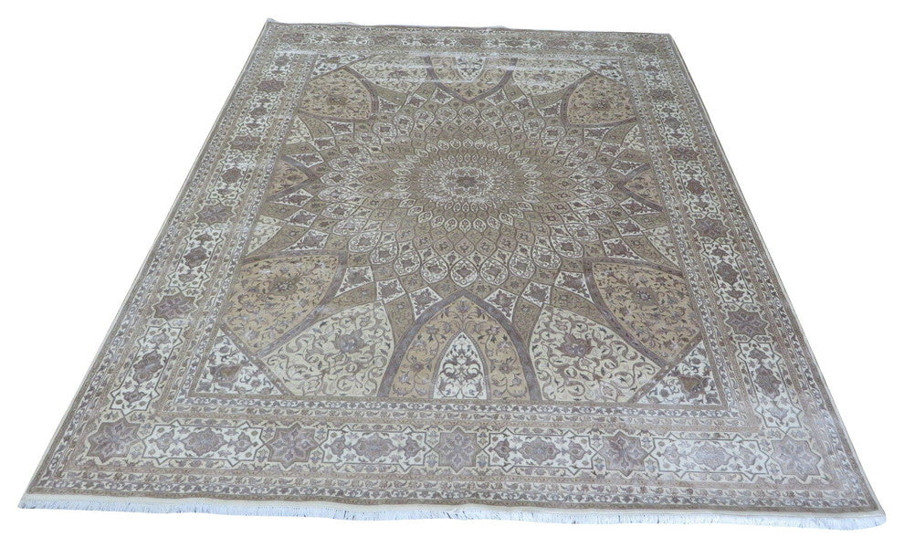 11'8x15, Hand-Knotted, Ivory Persian Tabriz Gombad With Silk Oriental Rug