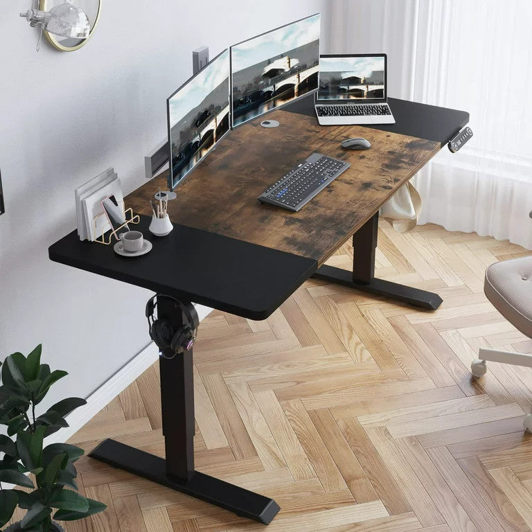 Modern Electric Desk, Metal Frame With Hanging Hooks & Adjustable Shelf, Brown