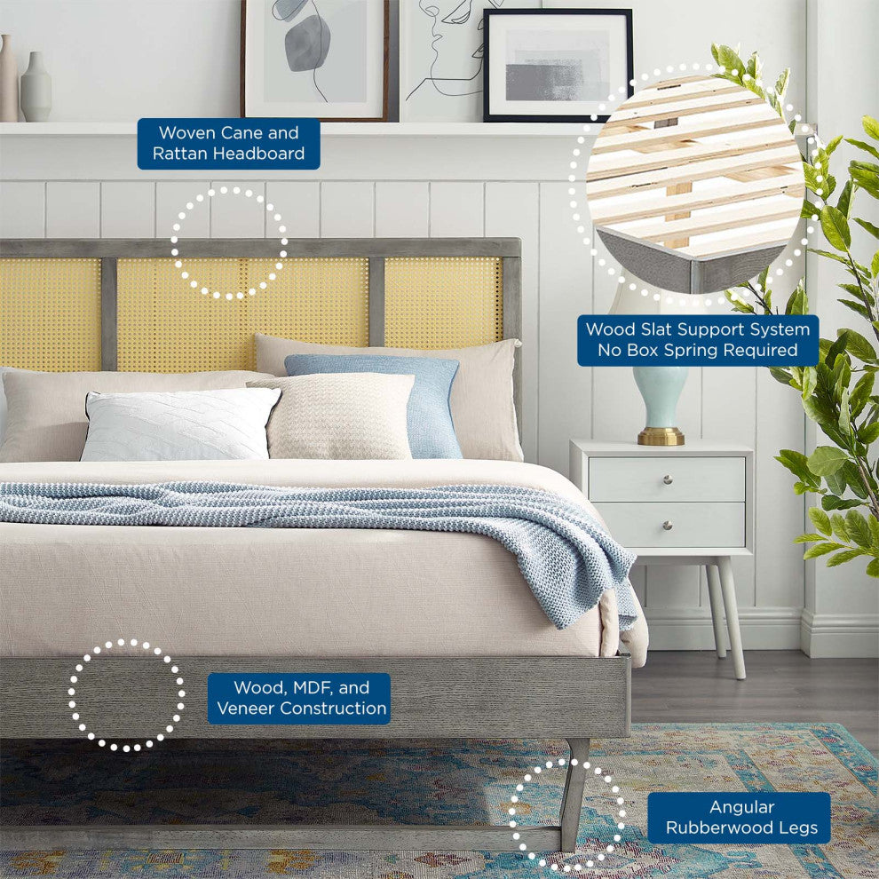Platform Bed Frame, Queen Size, Wood, Gray, Modern Mid-Century, Bedroom