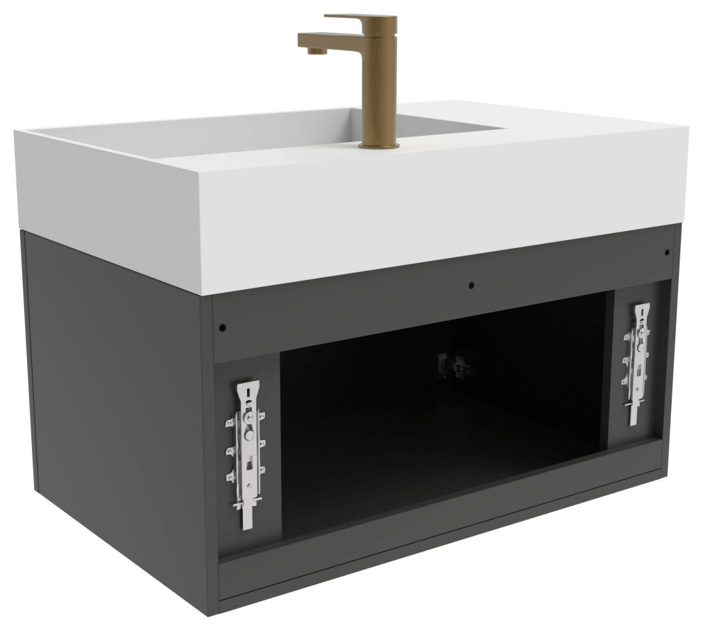 CastelloUSA Amazon 30" Right Wall Mounted Bathroom Vanity Set, Black, White Top, Gold