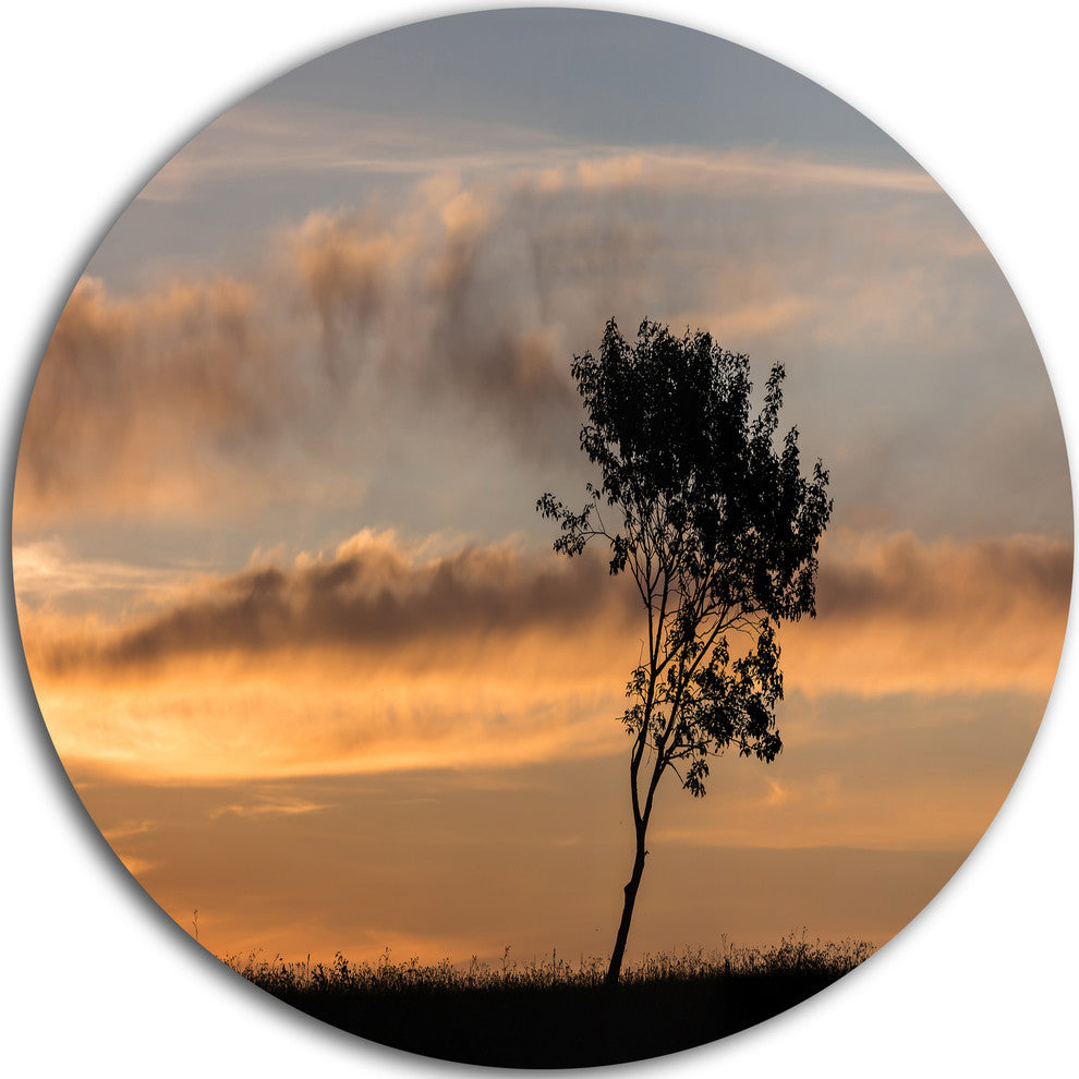 Lonely Tree Silhouette Rightwards, Landscape Disc Metal Artwork, 11"