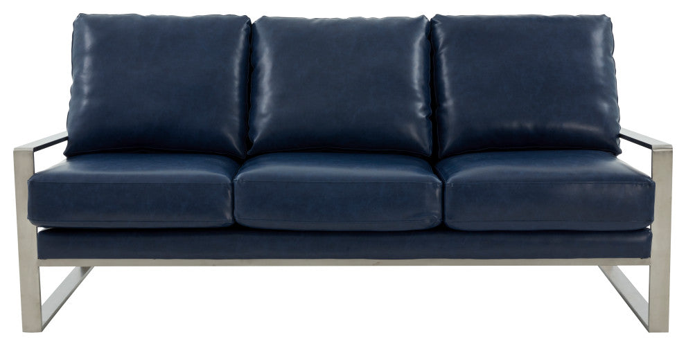 LeisureMod Jefferson Modern Faux Leather Sofa With Silver Frame, Navy Blue