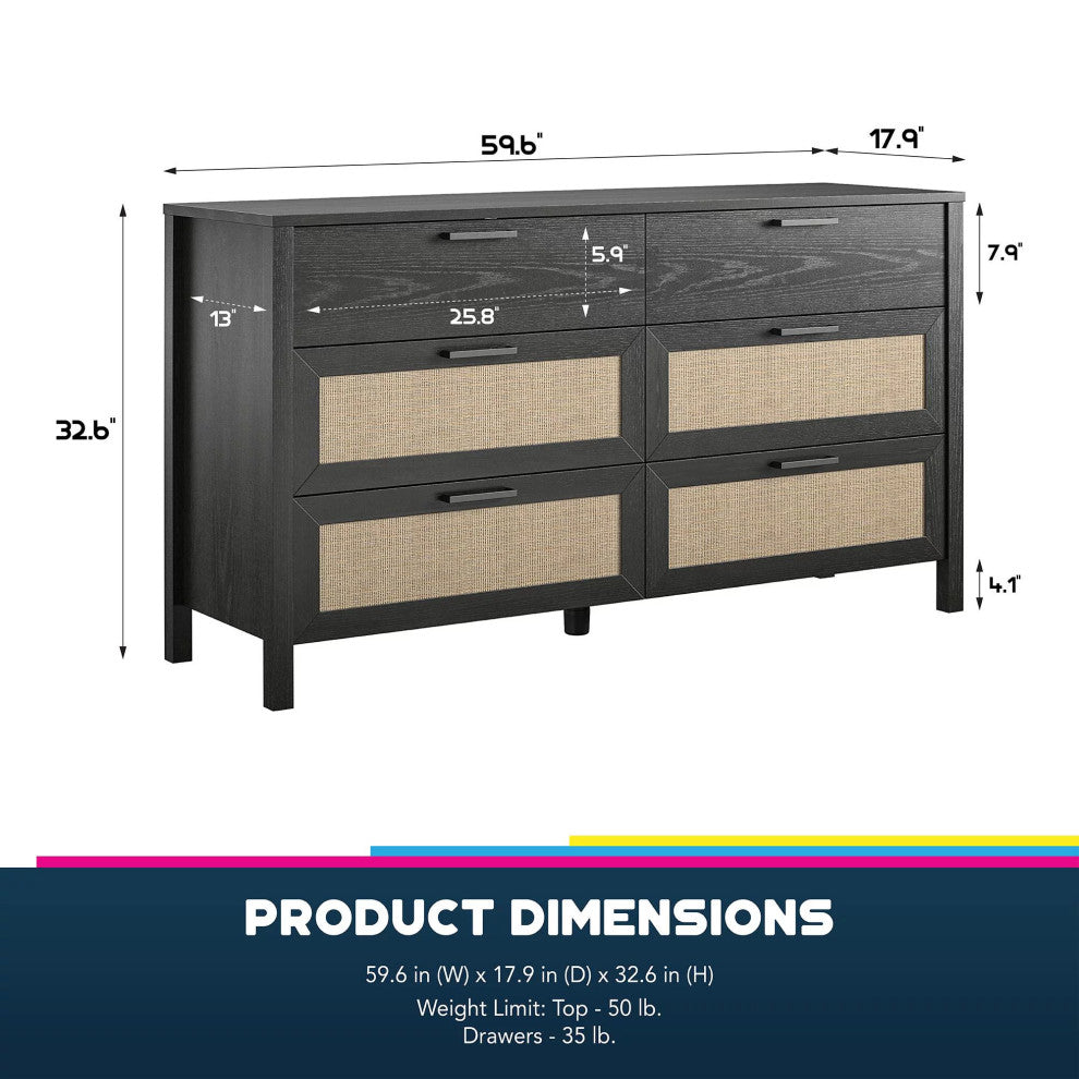 Transitional Dresser, 4 Rattan Front Drawers & 2 Wooden Front Drawers, Black Oak