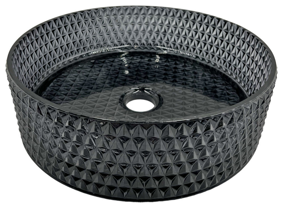 CastelloUSA Scotch Round Glass Crystal Bathroom Vessel Sink Basin, Black, 16"