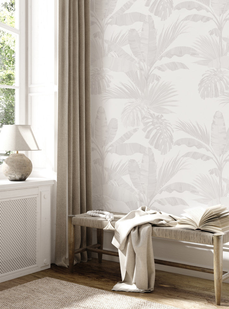 Oceanside Palm Leaves Vinyl Peel and Stick Mural, Gray, 24"x108", Single