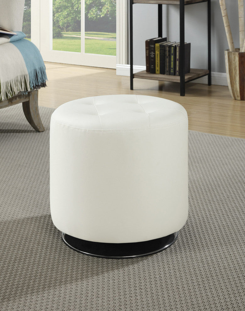 Round Leatherette Upholstered Ottoman, White