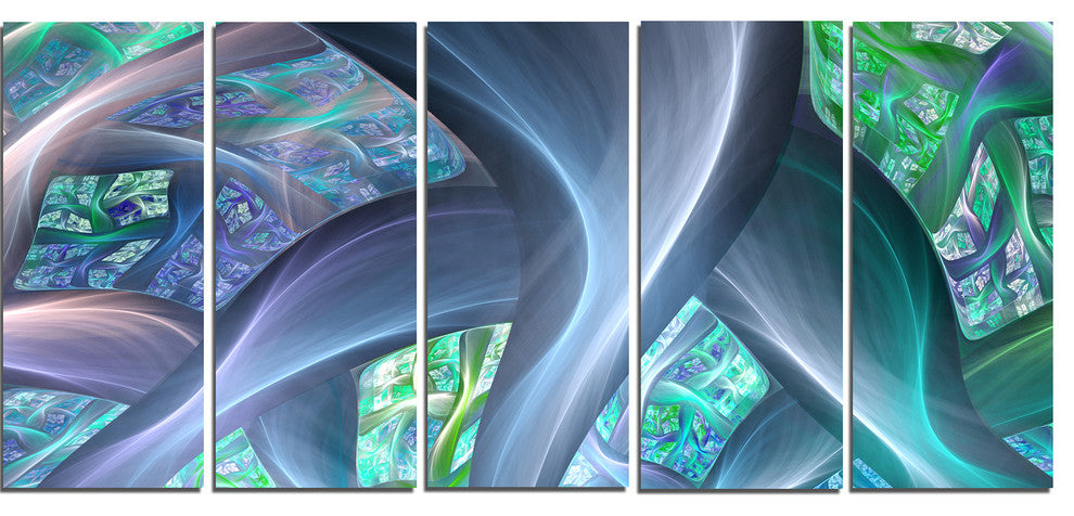 Blue Fractal Exotic Plant Stems, Abstract Canvas Art Print, 60"x28", 5 Panels