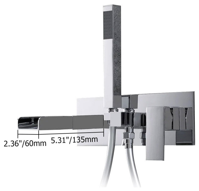 Modern Waterfall Wall-Mount Tub Filler Faucet, Handshower Chrome Solid Brass