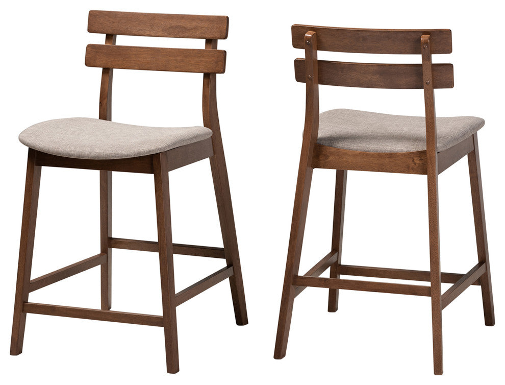 Clermiston Light Gray Fabric Walnut 2-Piece Wood Counter Stool Set
