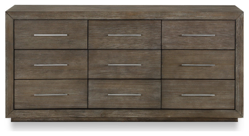 Benzara BM273405 9 Drawer Wood Dresser With Bar Handles, Distressed Taupe Brown