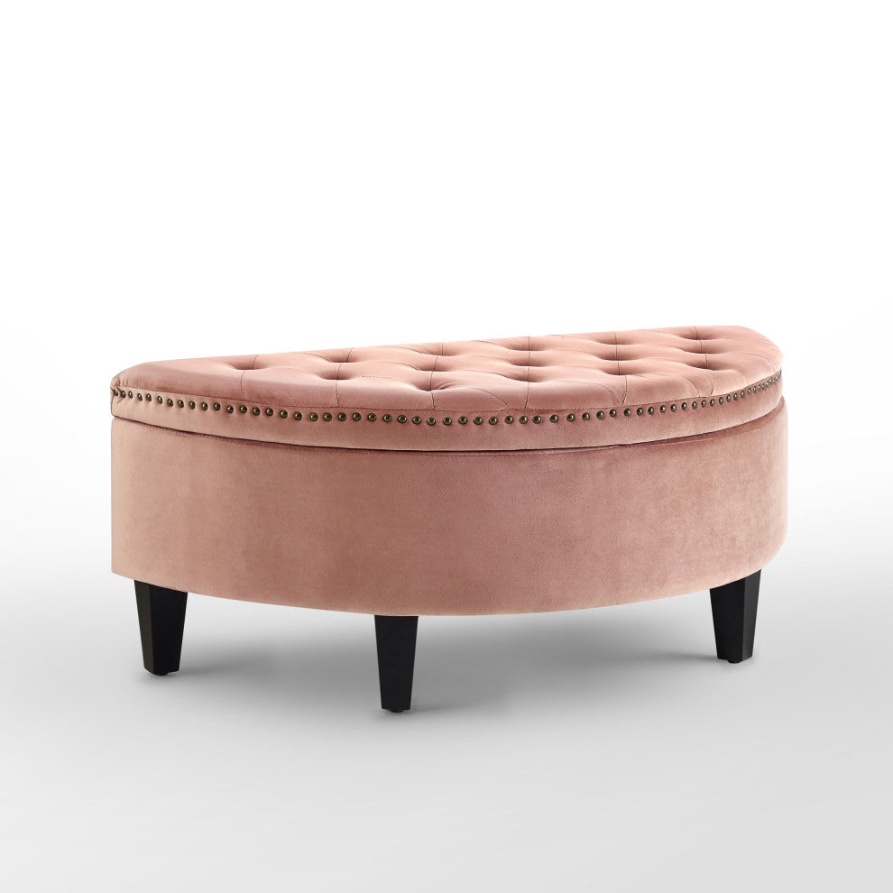 Laura Velvet Gold Nailhead Trim Half Moon Storage Ottoman, Blush