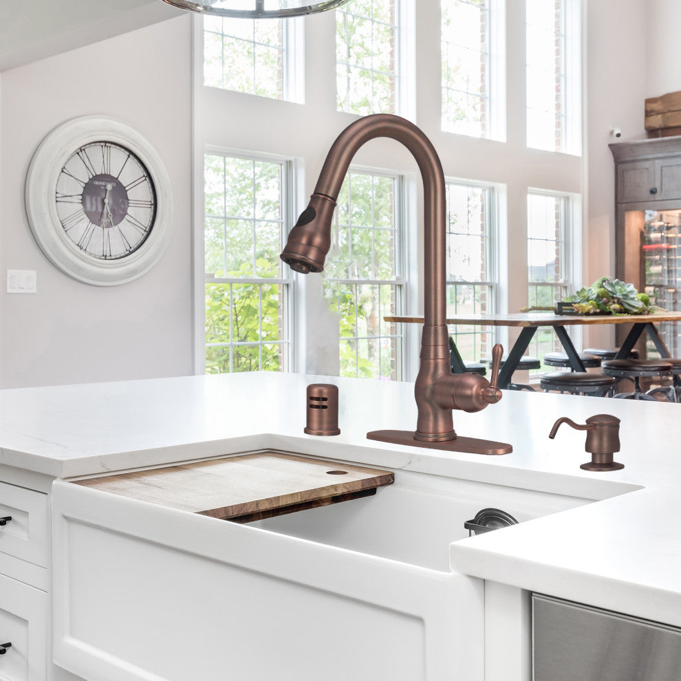Pull Down Kitchen Faucet With Deck Plate, Single Level Solid Brass Sink Faucets,