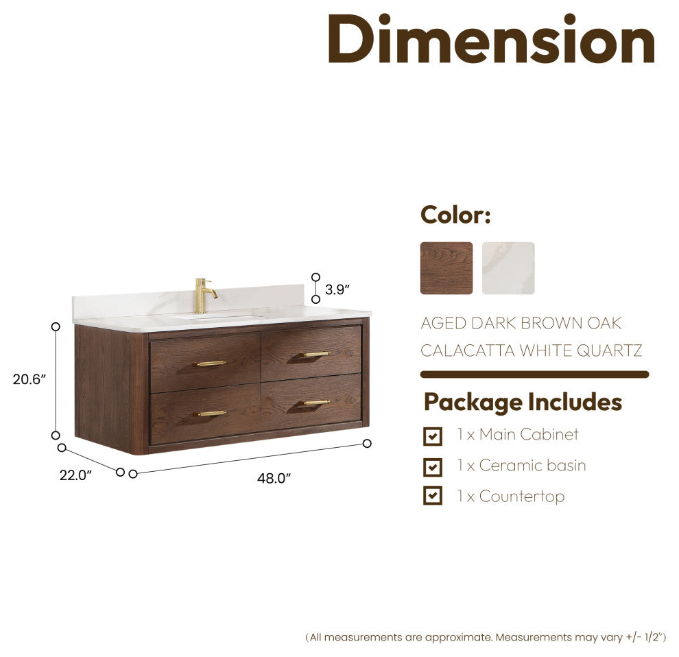 Cristo Floating Bath Vanity With Stone Top, Aged Dark Brown Oak, 48in., No Mirror