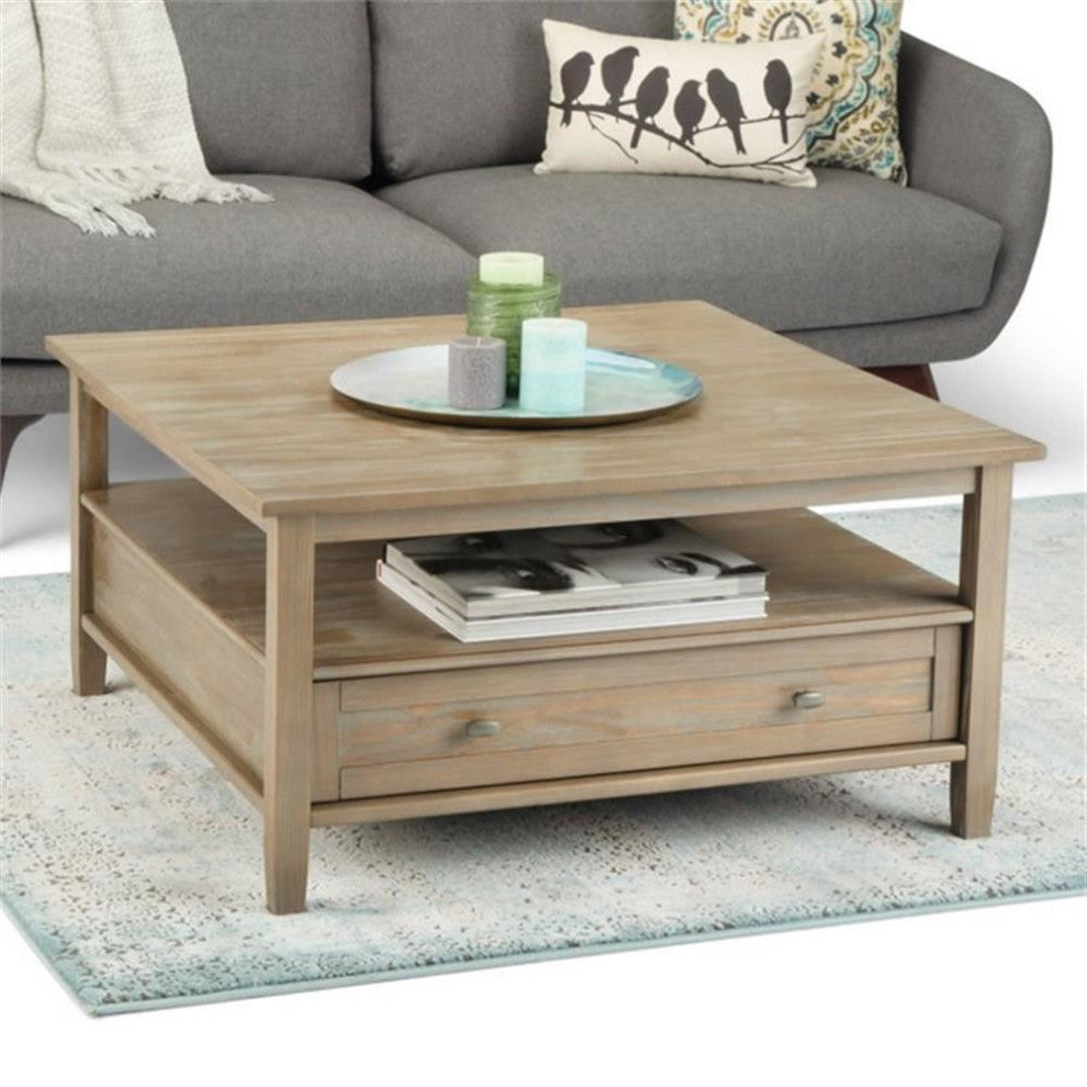 Warm Shaker Solid Wood 36 Inch Wide Square Coffee Table In Distressed Grey