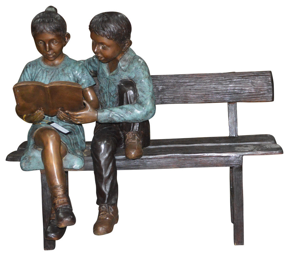 Boy and a Girl on Bench reading book bronze Statue -  Size: 43"L x 20"W x 36"H
