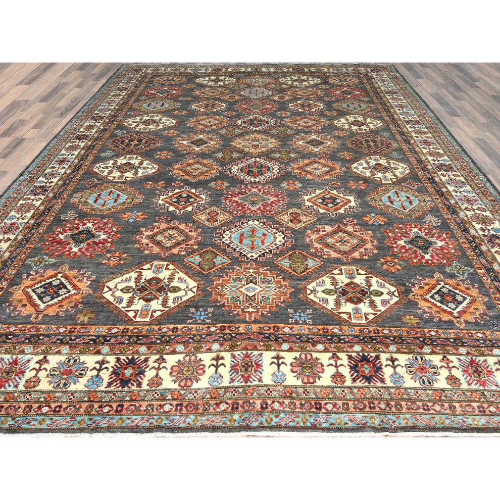 Stone Gray, Extra Soft Wool, Hand Knotted Afghan Super Kazak Rug, 10'3"x13'10"