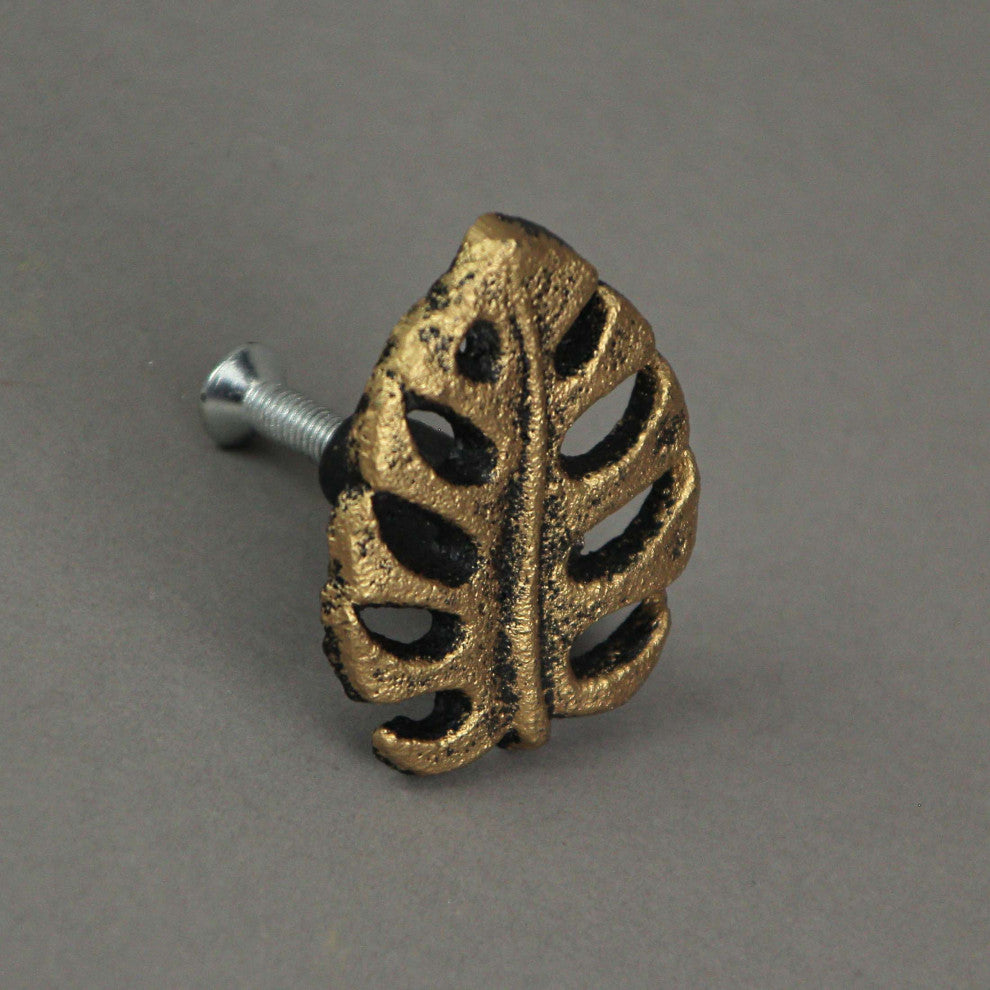 Set of 6 Gold Cast Iron Monstera Leaf Drawer Pulls Decorative Cabinet Knobs