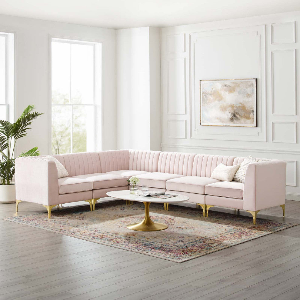Tufted Sectional Sofa Set, Velvet, Pink, Modern, Living Lounge Hotel Hospitality