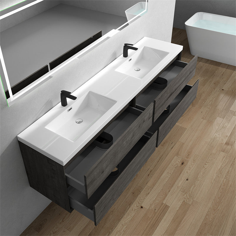 Ashley 84'' Floating Vanity, Acrylic Top, Double Sink, Smoke Oak