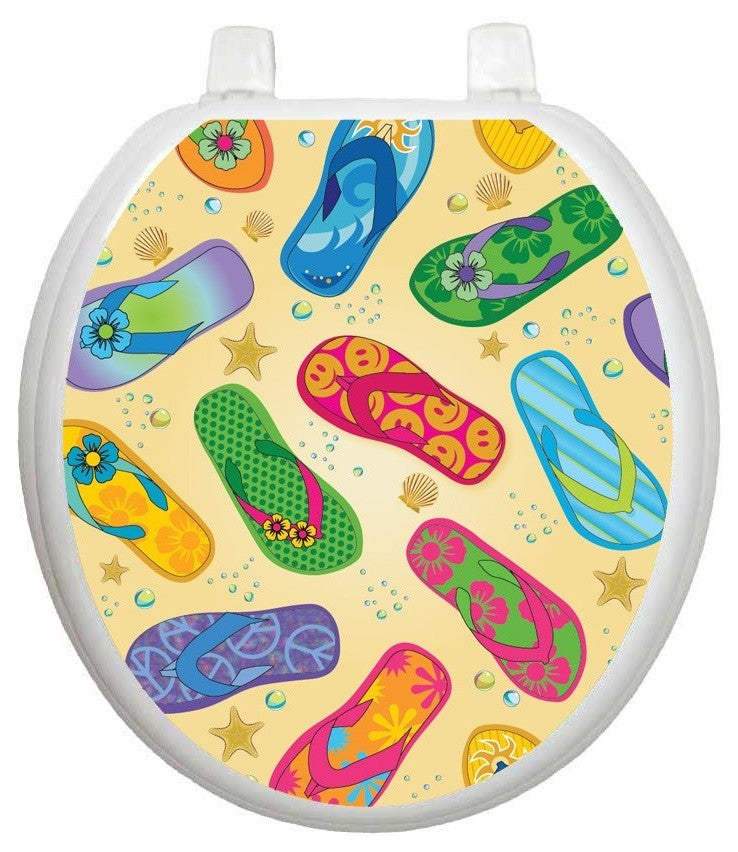 Flip Flops Toilet Tattoos Seat Cover, Vinyl Lid Decal, Beach Bathroom Decor, Round