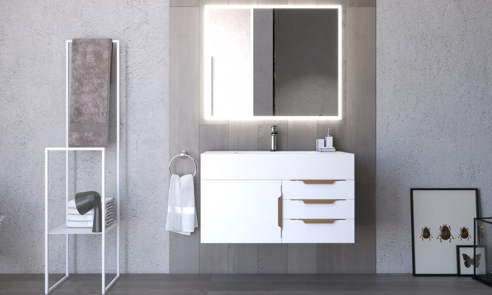 CastelloUSA Nile 36" Wall Mounted Vanity Set, White, White Top, Gold Handles