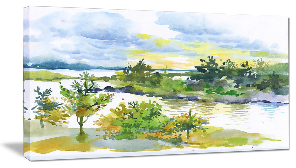 "Autumn Forest And Lake Watercolor" Landscape Wall Wall Art, 32"x16"