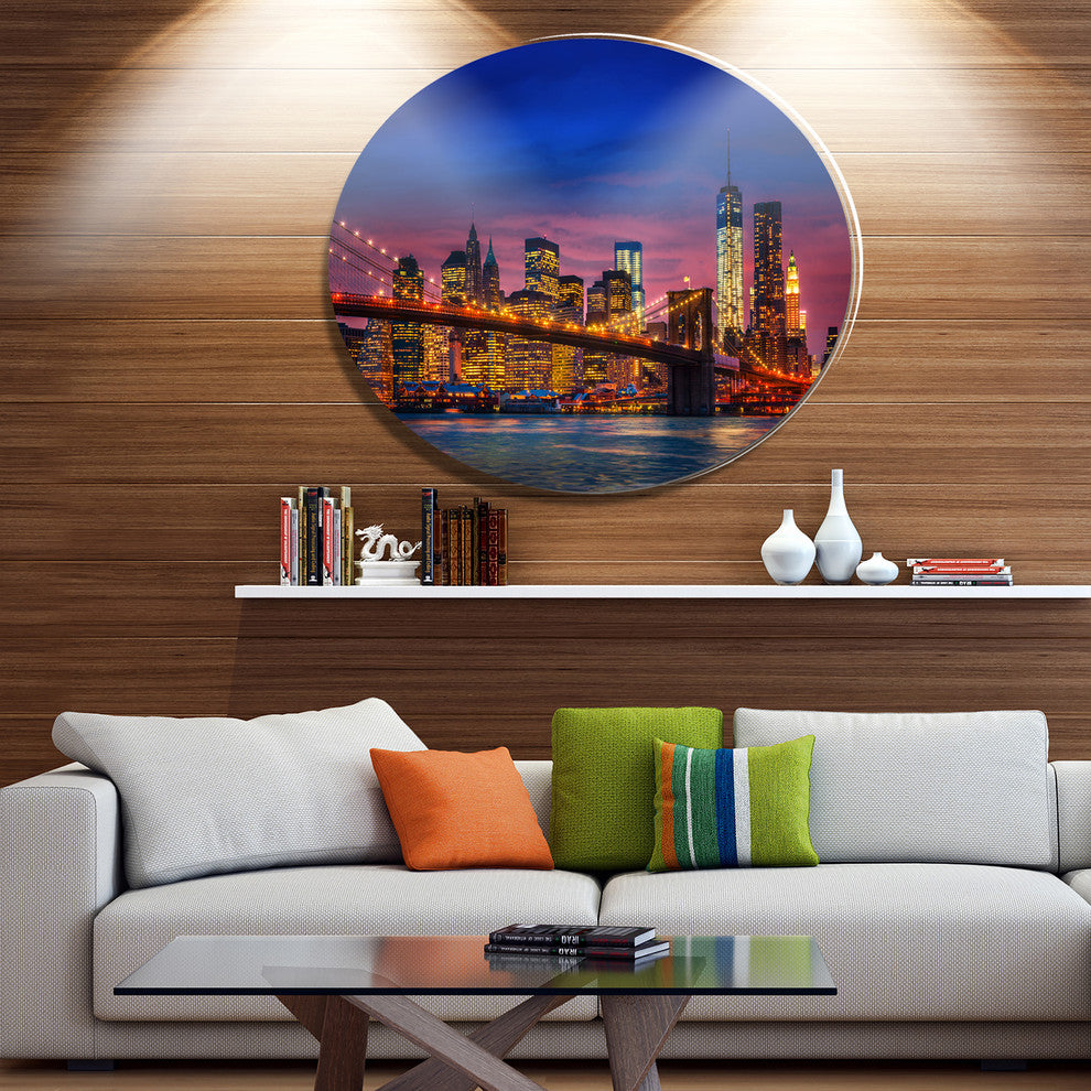 Manhattan With Lights And Reflections, Round Metal Wall Art, 38"