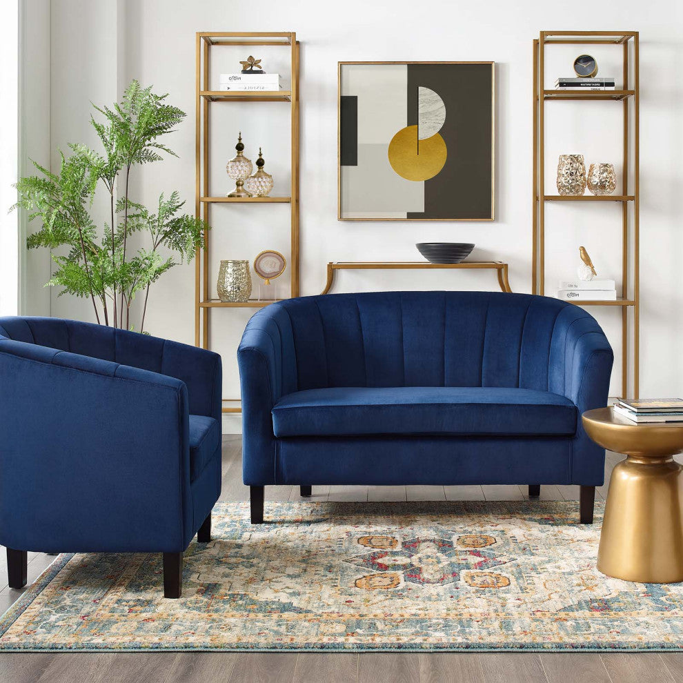 Tufted Armchair and Loveseat Sofa Set, Velvet, Blue Navy, Modern, Lounge