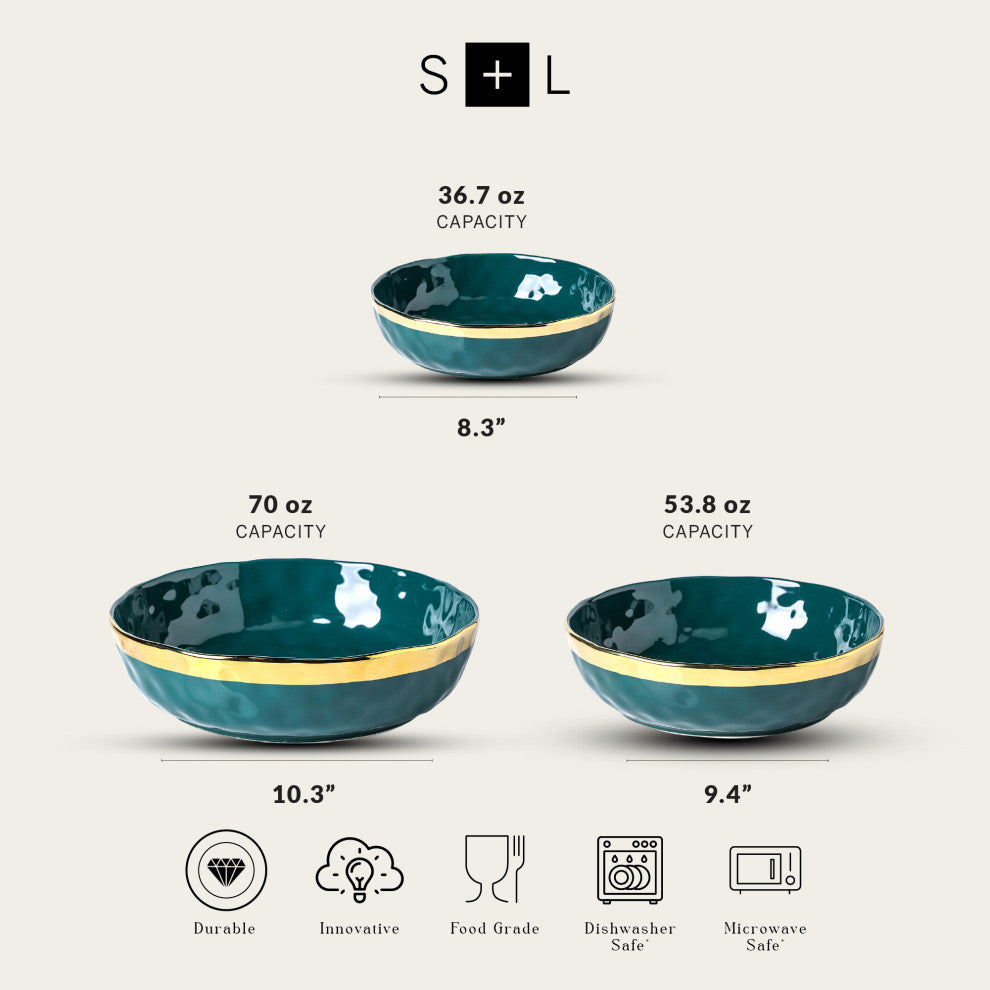 3-Piece Stone Lain Florian Porcelain Serving Bowl Set, Green