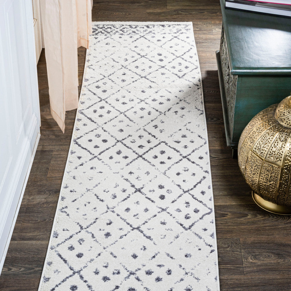 Juba Moroccan Geometric Diamond Ivory/Gray 2 ft. x 8 ft. Runner Rug