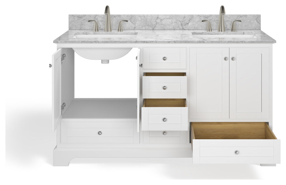 Cascade Bath Vanity, White, 60", Brushed Nickel Hardware, Double, Freestanding
