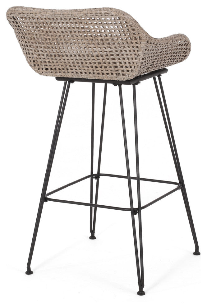 Pondway Outdoor Wicker/Iron Barstools, Set of 2, Beige/Mix Light Brown/Black