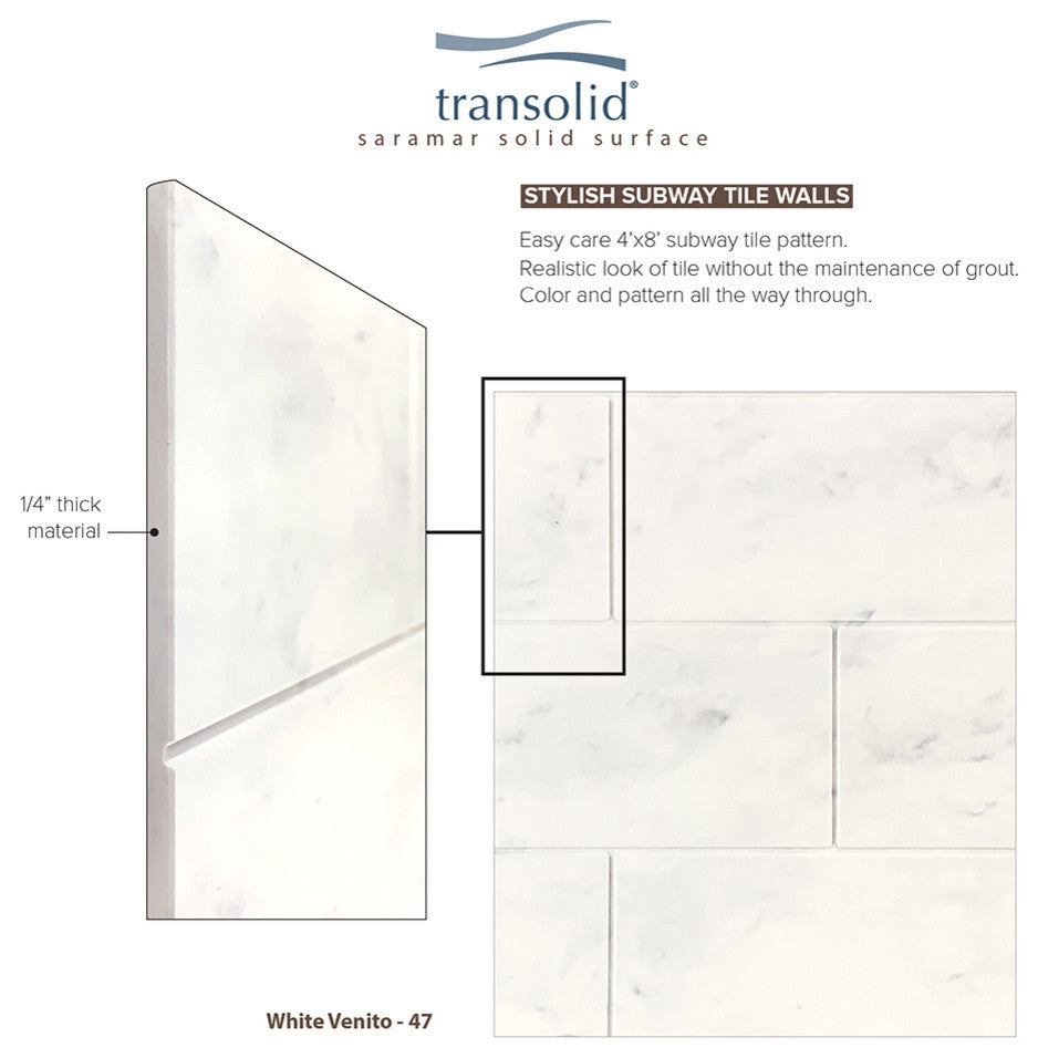 Transolid SaraMar 36"x36"x96" Glue to Wall 3-Piece Shower Wall Kit, White Venito