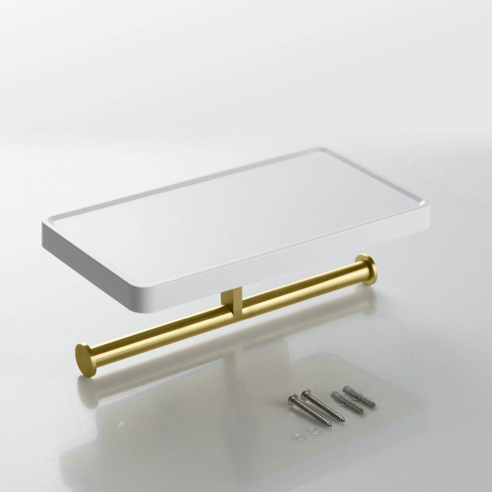 Deco Bathroom Toilet Paper Holder Double Roll With Shelf, Brushed Gold