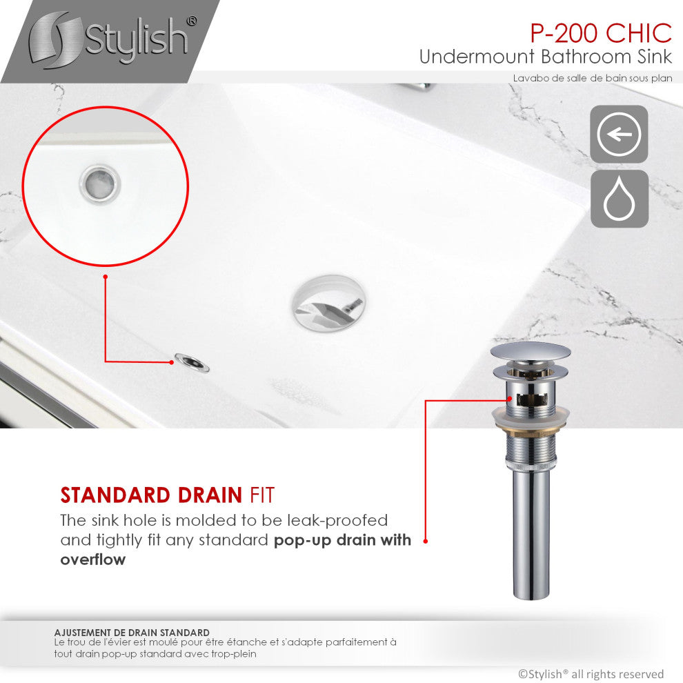 STYLISH 20" Porcelain Rectangular Undermount Bathroom Sink with Overflow