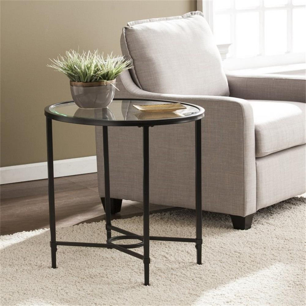 SEI Furniture Quinton Oval Iron Metal & Glass Side Table in Painted Black