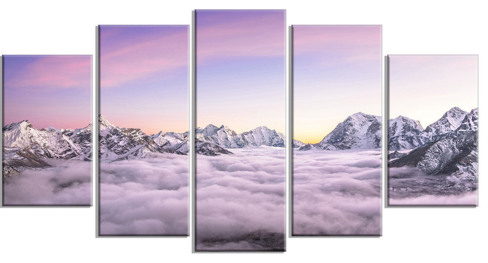 Clouds Sunrise Ama Dablam, Large Landscape Canvas Art, 60"x32", 5 Panels