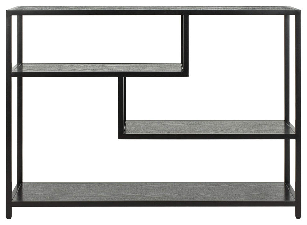 Unique Console Table, Metal Frame With Staggered Wooden Shelves, Black Finish