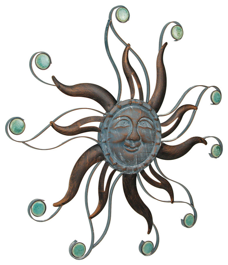 Antique Copper Finish Metal Sun Face Wall Hanging With Ceramic Bead Accents