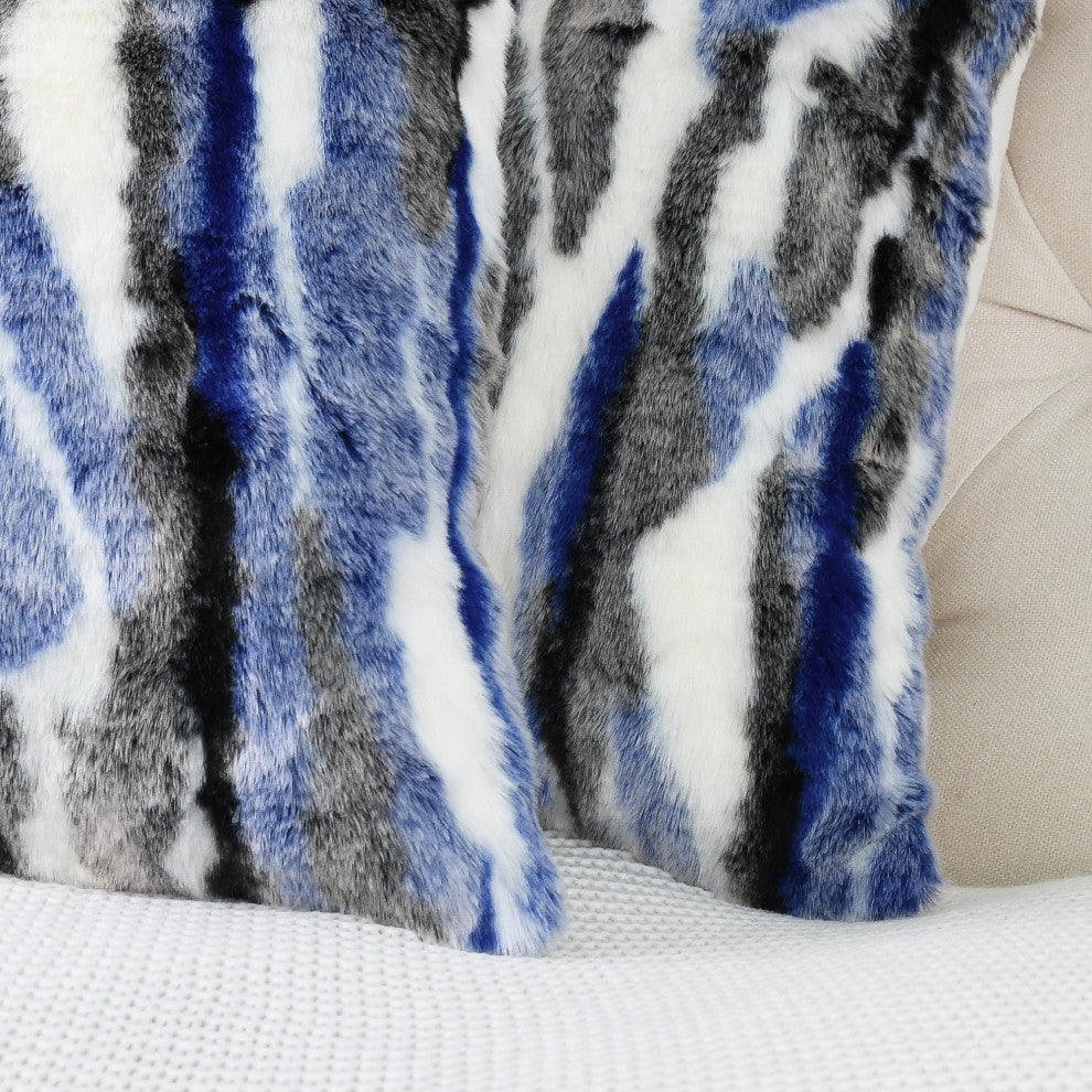 Multi Jacquard Faux Fur Pillow Covers Set of 2, Blue, 14''x26''